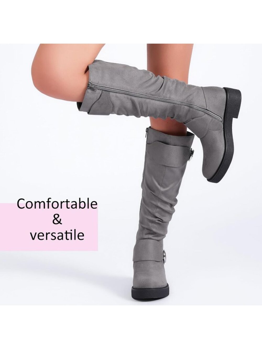 Women's Grey  Leather Rubber Slouchy Knee High Comfortable Stylish Tall Boots - Picture 5 of 6